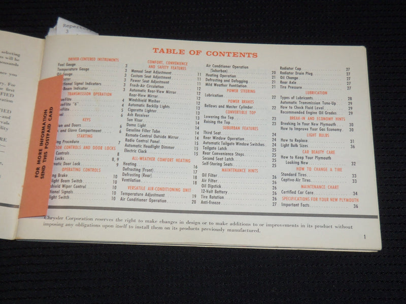 1961 PLYMOUTH OWNER'S MANUAL - SOFTCOVER - J 9881
