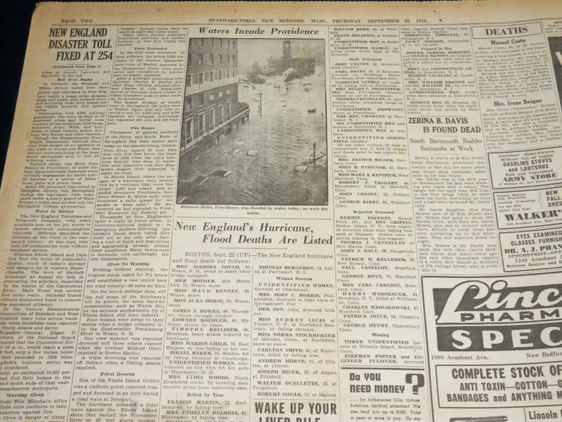 1938 SEPTEMBER 22 NEW BEDFORD STANDARD TIMES - 17 KILLED IN CAPE - NT 8910