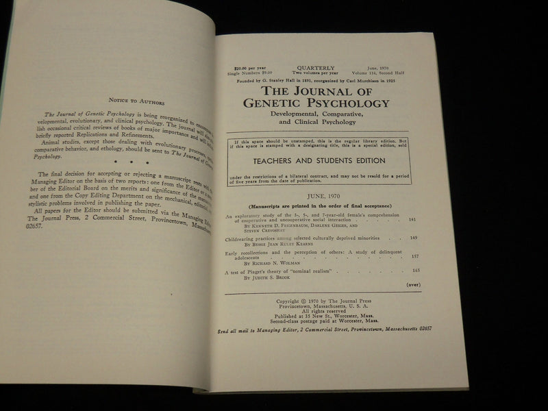 1970-1974 THE JOURNAL OF GENETIC PSYCHOLOGY MAGAZINE LOT OF 4 - WR 572A