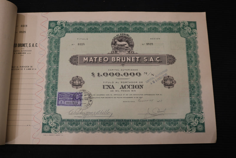 1938 MATEO BRUNET STOCK CERTIFICATE BOOK - URUGUAY - KD 3351F