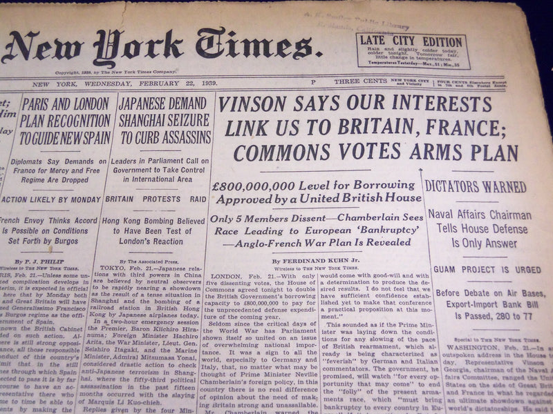 1939 FEB 22 NEW YORK TIMES VINSON SAYS OUR INTERESTS LINK US TO BRITAIN - NT 583