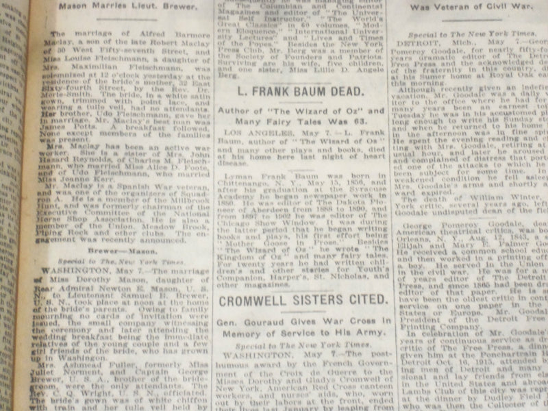 1919 MAY 8 N.Y. TIMES-ON LUSITANIA DAY ALLIES DICTATE A PEACE-BAUM DEAD- NT 9241