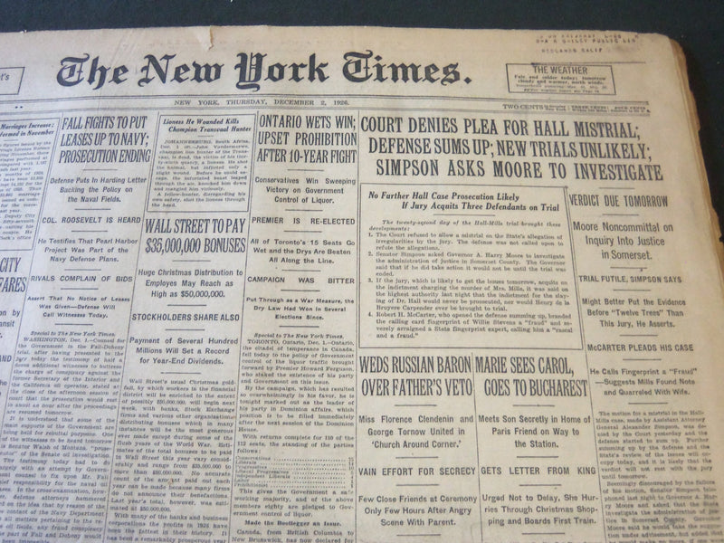1926 DECEMBER 2 NEW YORK TIMES - COURT DENIES PLEA FOR HALL MISTRIAL - NT 6550