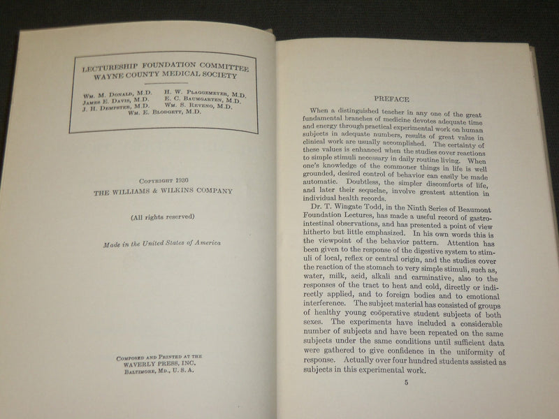 1930 BEHAVIOR PATTERNS OF THE ALIMENTARY TRACT BOOK BY T. WINGATE TODD - KD 6075