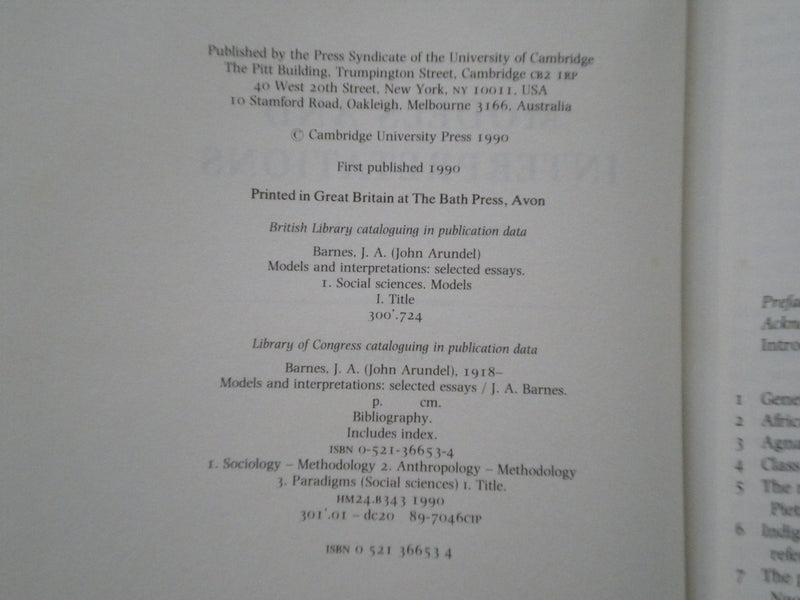 1990 MODELS AND INTERPRETATIONS HARDCOVER BOOK - ESSAYS OF J.A. BARNES - KD 8021