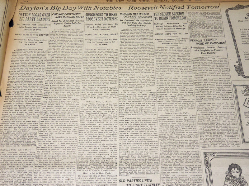 1920 AUGUST 8 NEW YORK TIMES - COX STANDS SQUARELY FOR LEAGUE - NT 8545