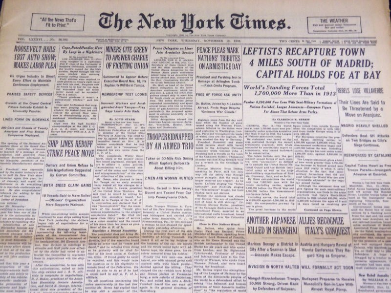 1936 NOVEMBER 12 NEW YORK TIMES - MADRID HEAVILY SHELLED - NT 2063