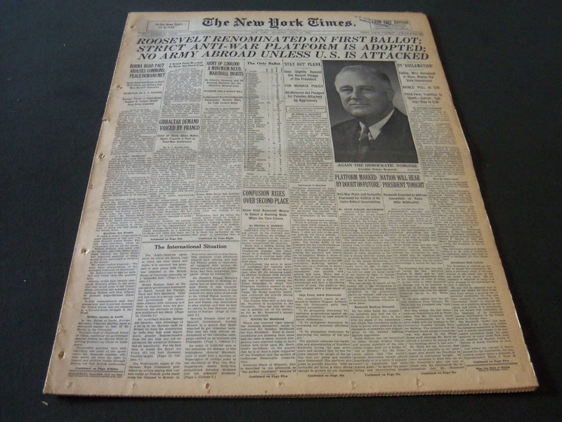 1940 JULY 18 NEW YORK TIMES - ROOSEVELT RENOMINATED ON FIRST BALLOT - NT 5912