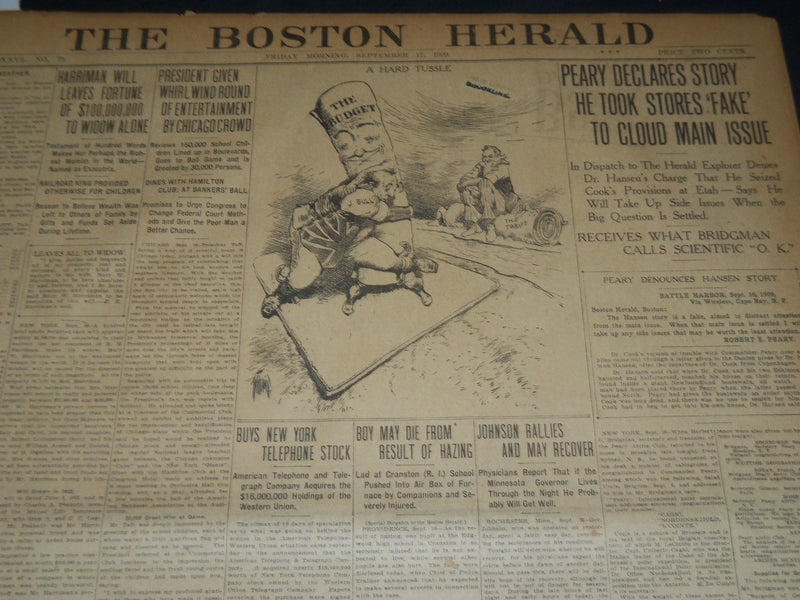 1909 SEPT 17 THE BOSTON HERALD - HARRIMAN LEAVES FORTUNE OF $100M - BH 196