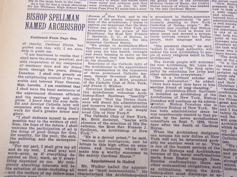 1939 APRIL 25 NEW YORK TIMES - SPELLMAN NAMED ARCHBISHOP HERE - NT 3045