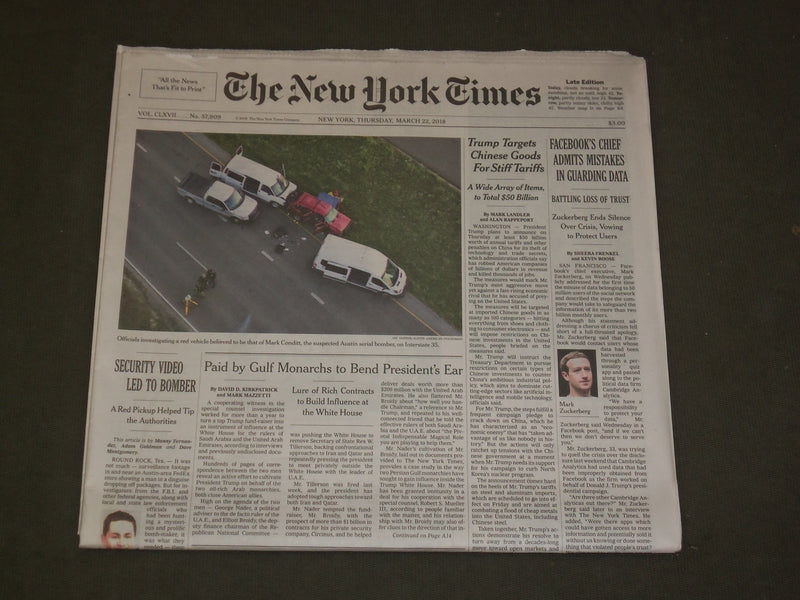 2018 MARCH 22 NEW YORK TIMES - MARK ZUCKERBERG ADMITS MISTAKES IN GUARDING DATA