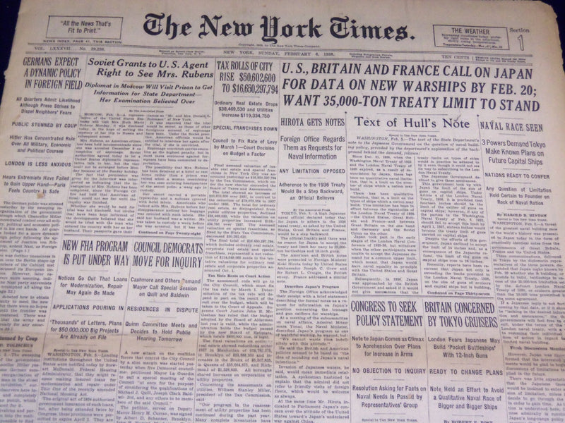 1938 FEBRUARY 6 NEW YORK TIMES - HULL'S NOTE TO JAPAN - NT 3120