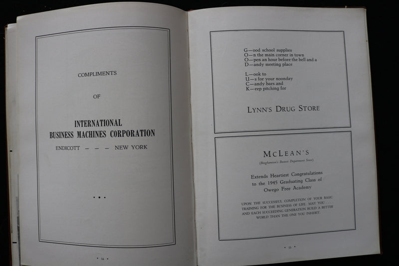 1945 TOM TOM OWEGO FREE ACADEMY YEARBOOK - OWEGO NEW YORK - HARDCOVER - YB 3481