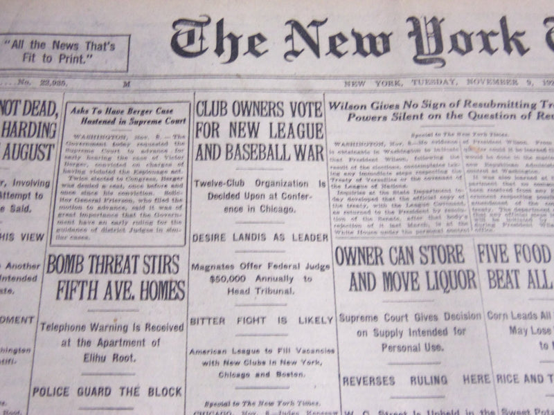 1920 NOV 9 NEW YORK TIMES -CLUB OWNERS VOTE FOR NEW LEAGUE BASEBALL WAR- NT 6732