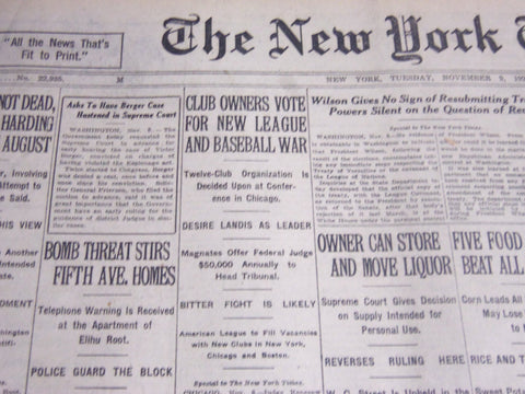 1920 NOV 9 NEW YORK TIMES -CLUB OWNERS VOTE FOR NEW LEAGUE BASEBALL WAR- NT 6732