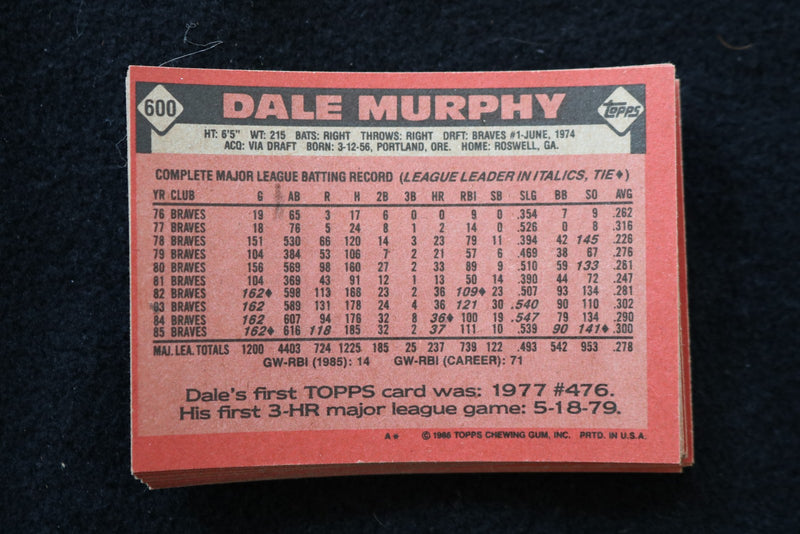 DALE MURPHY 1986 TOPPS BASEBALL CARDS - CARD #600 - NM-MT - LOT OF 21 - #216