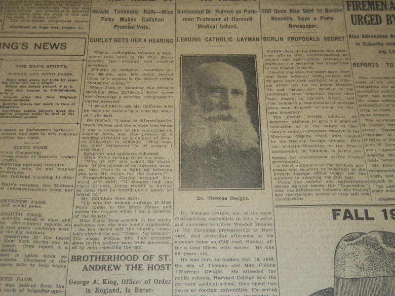 1911 SEPTEMBER 9 THE BOSTON HERALD - DR. THOMAS DWIGHT DIES AT NAHANT - BH 309