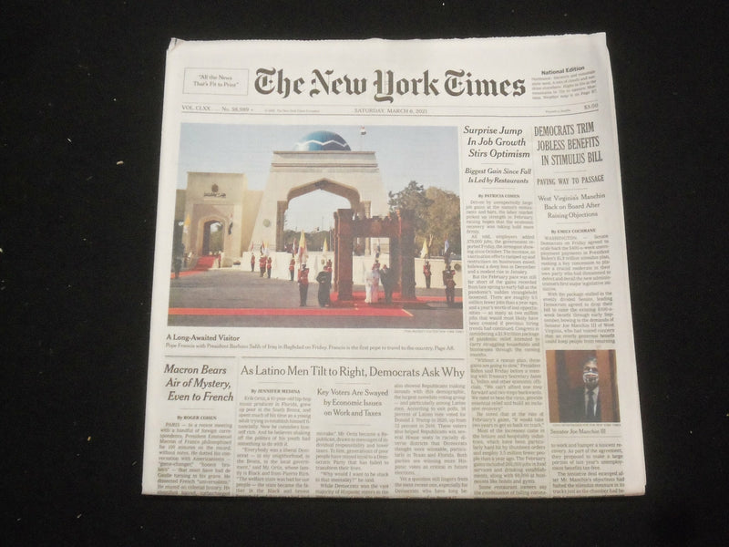 2021 MARCH 6 NEW YORK TIMES - DEMOCRATS TRIM JOBLESS BENEFITS IN STIMULUS BILL