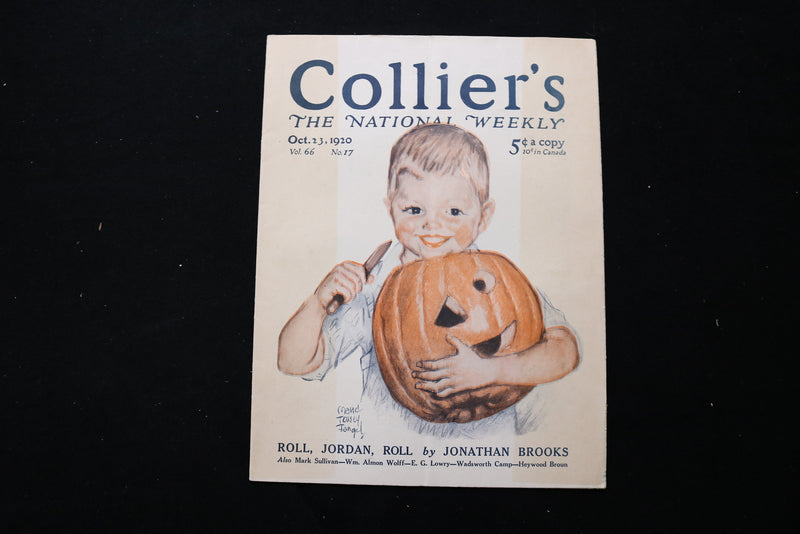 1920 OCTOBER 23 COLLIER'S MAGAZINE - A BOY CARVING PUMPKIN COVER - E 10998