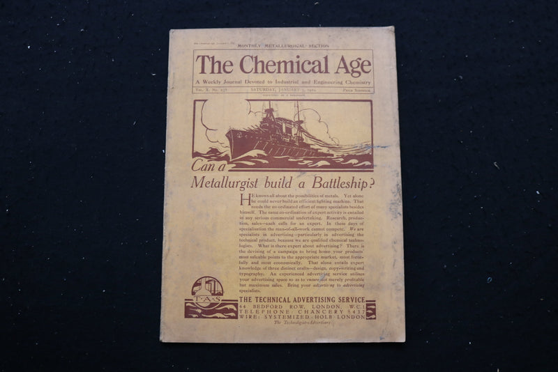 1924 JAN 5 THE CHEMICAL AGE MAGAZINE - METALLURGIST BATTLESHIP COVER - SP 4190E