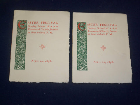 1898 APRIL 10 EASTER FESTIVAL EMMANUEL CHURCH BOSTON - LOT OF 2 - J 4671
