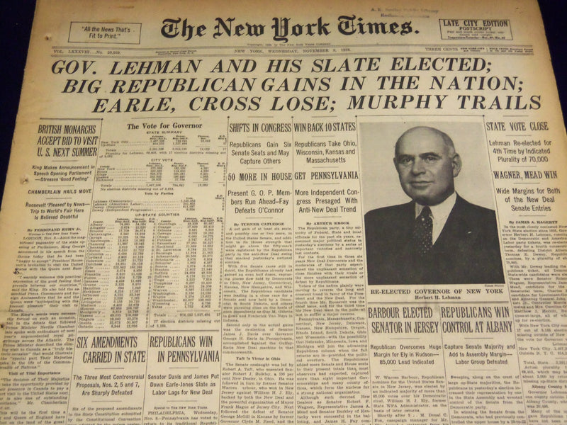 1938 NOVEMBER 9 NEW YORK TIMES - GOV. LEHMAN & HIS SLATE ELECTED - NT 2532