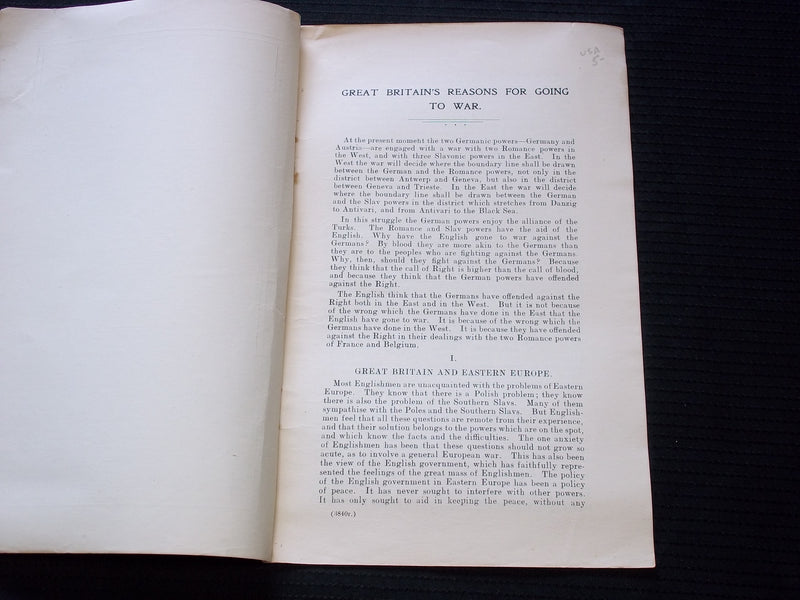 1915 GREAT BRITAIN'S REASONS FOR GOING TO WAR BOOK BY E. BARKER- J 7148