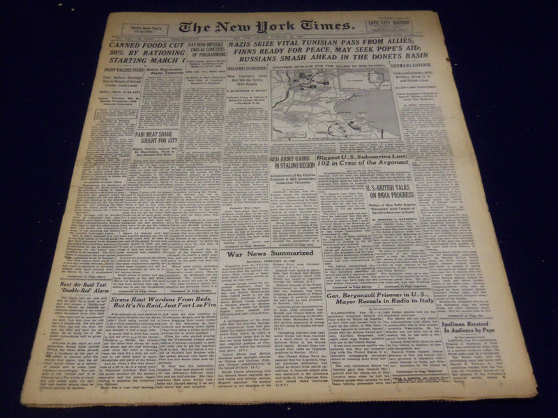 1943 FEB 22 NEW YORK TIMES NAZIS SEIZE VITAL TUNISIAN PASS FROM ALLIES - NT 1883
