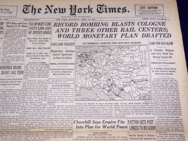 1944 APRIL 22 NEW YORK TIMES - RECORD BOMBING BLASTS COLOGNE - NT 748