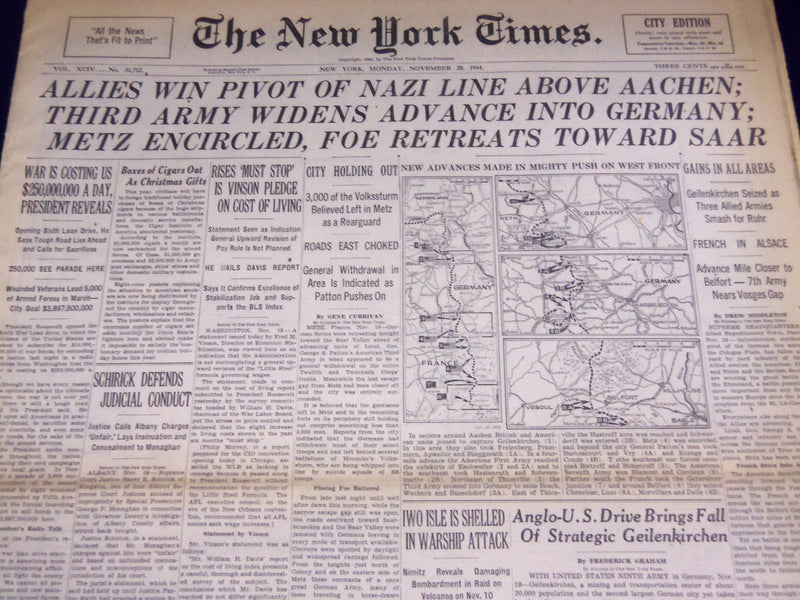 1944 NOV 20 NEW YORK TIMES - THIRD ARMY WIDENS ADVANCE INTO GERMANY - NT 2609