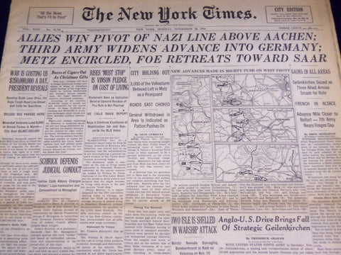 1944 NOV 20 NEW YORK TIMES - THIRD ARMY WIDENS ADVANCE INTO GERMANY - NT 2609