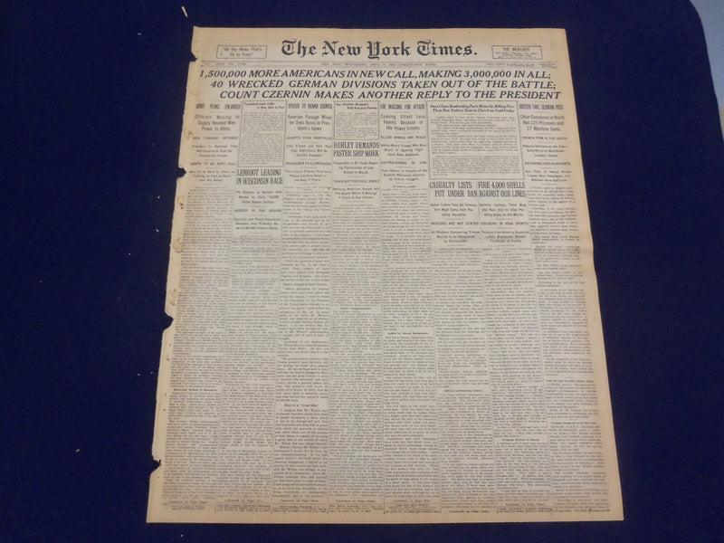 1918 APRIL 3 NEW YORK TIMES - 1,500,000 MORE AMERICANS IN NEW CALL - NT 8200