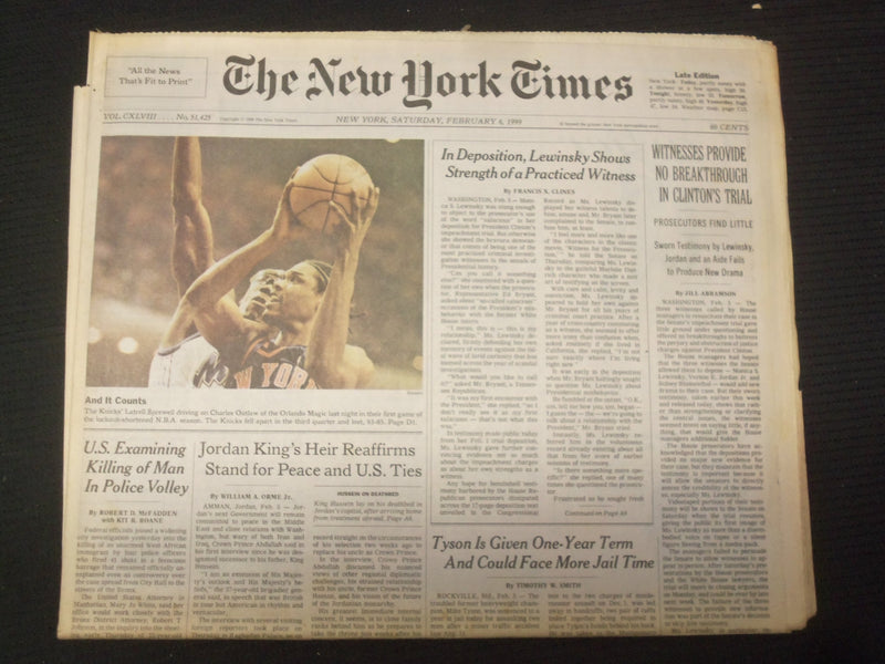 1999 FEB 6 NEW YORK TIMES NEWSPAPER -LEWINSKY PROVIDES NO BREAKTHROUGH - NP 6977