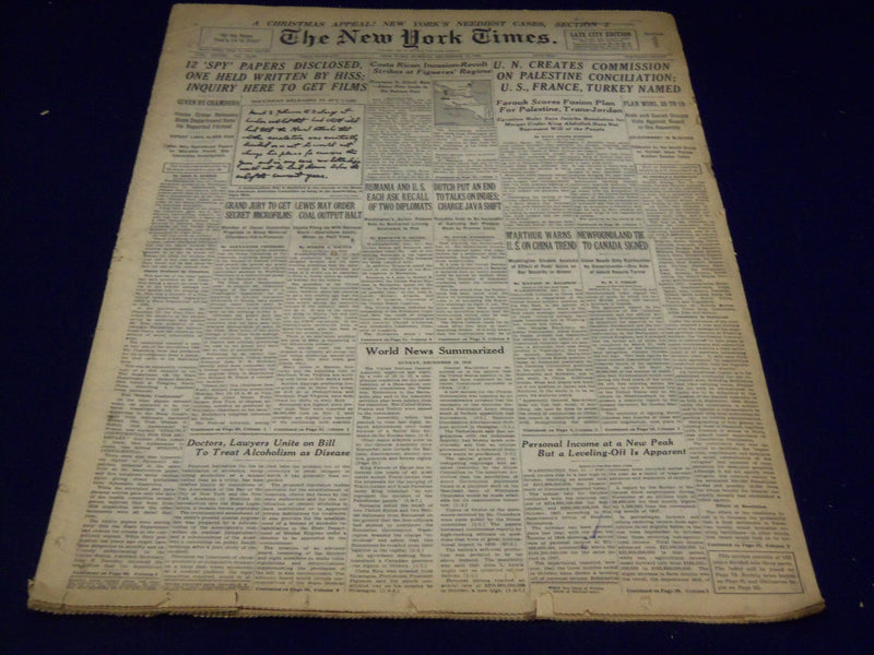 1948 DECEMBER 12 NEW YORK TIMES - HISS SPY PAPERS DISCLOSED - NT 3356