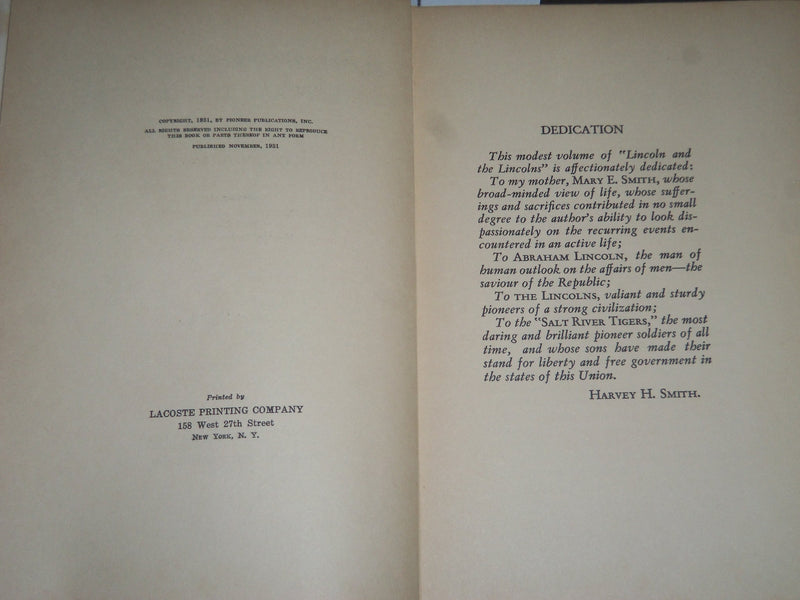 1931 LINCOLN AND THE LINCOLNS BY HENRY H. SMITH - MEMORIAL EDITION - KD 4451