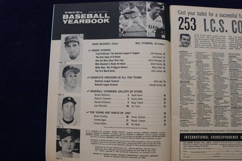 1967 TRUE'S BASEBALL YEARBOOK MAGAZINE - AL KALINE-WILLIE MAYS COVER - E 11905