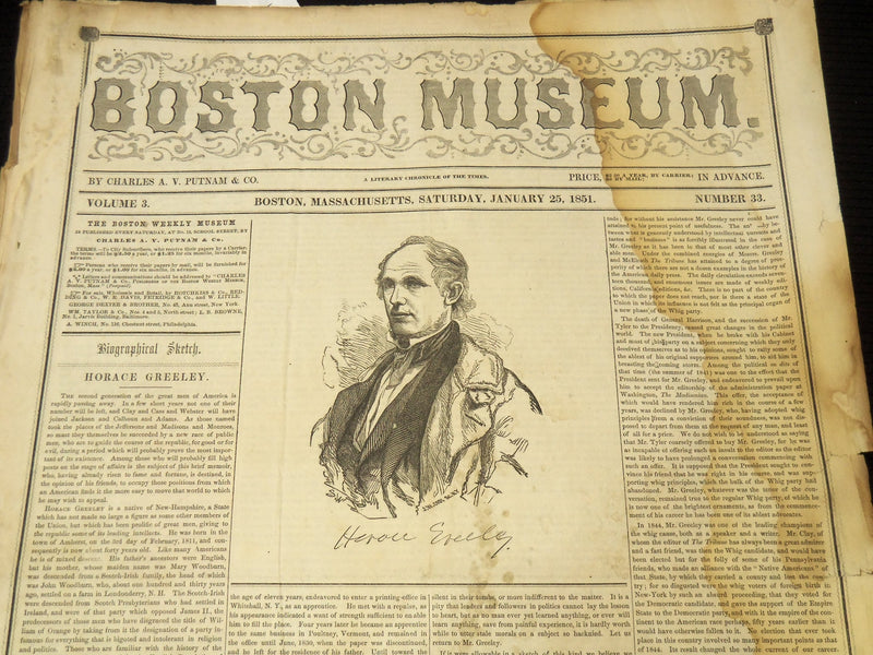 1851 JANUARY 25 THE BOSTON MUSEUM NEWSPAPER - HORACE GREELEY - CAESAR - NP 9035