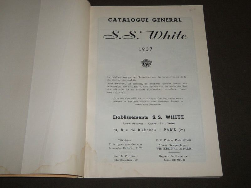 1937 S. S. WHITE FOURNITURES DENTAIRES FRENCH CATALOGUE - NICE ILLUS. - FR 637