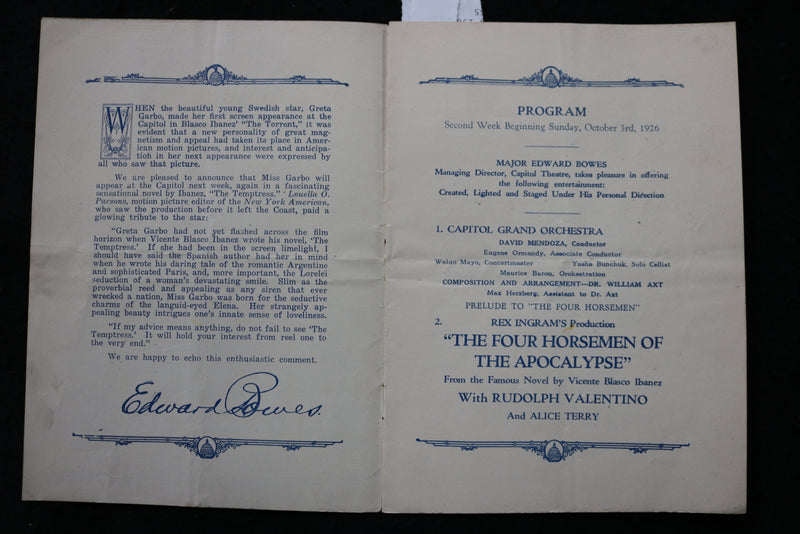 1926 OCTOBER THE FOUR HORSEMEN PROGRAM - RUDOLPH VALENTINO - GRETA GARBO- K 1790