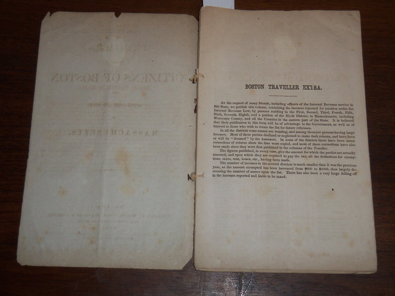 1867 CITIZENS OF BOSTON INCOMES - MASSACHUSETTS -BOSTON TRAVELLER EXTRA - K 1180