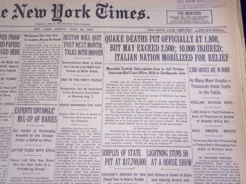 1930 JULY 25 NEW YORK TIMES - QUAKE DEATHS PUT OFFICIALLY AT 1,800 - NT 1560
