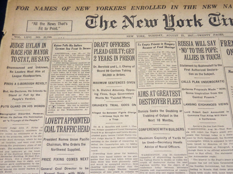 1917 AUGUST 21 NEW YORK TIMES - JUDGE HYLAN IN RACE FOR MAYOR - NT 8525