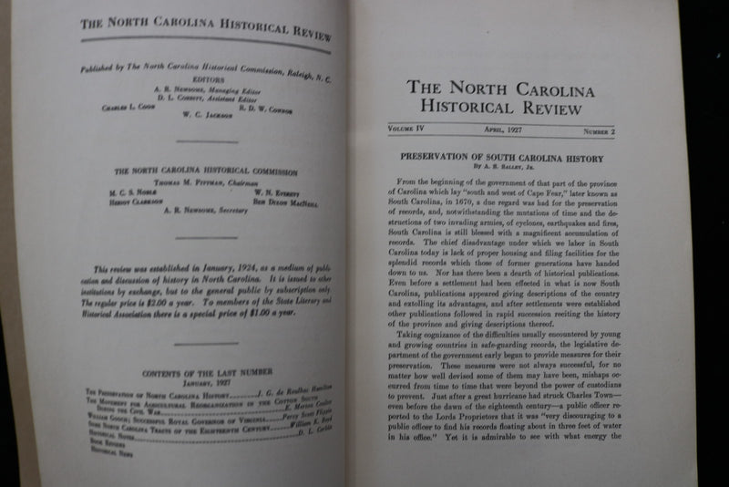 1927 APRIL NORTH CAROLINA HISTORICAL REVIEW QUARTERLY SOFTCOVER BOOK - K 2914