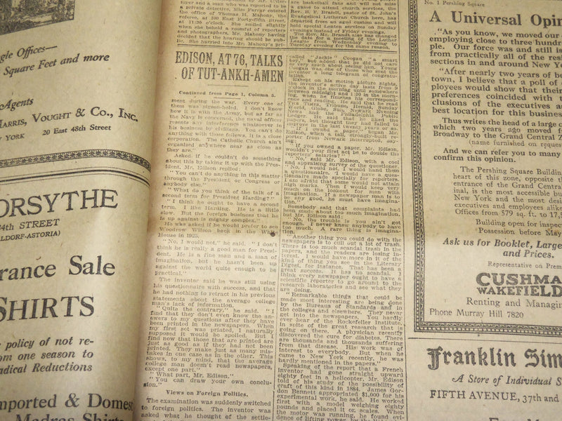 1923 FEBRUARY 13 NEW YORK TIMES - EDISON AT 76 TALKS OF TUT-ANKH AMEN - NT 7988