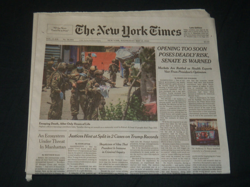 2020 MAY 13 NEW YORK TIMES - OPENING TOO SOON POSES DEADLY RISK SENATE IS WARNED