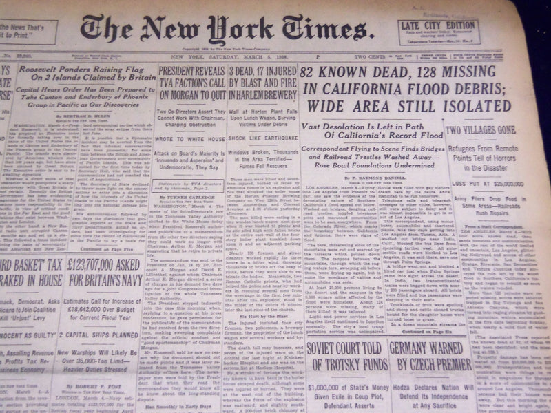 1938 MARCH 5 NEW YORK TIMES - 82 KNOWN DEAD IN CALIFORNIA FLOOD - NT 2849