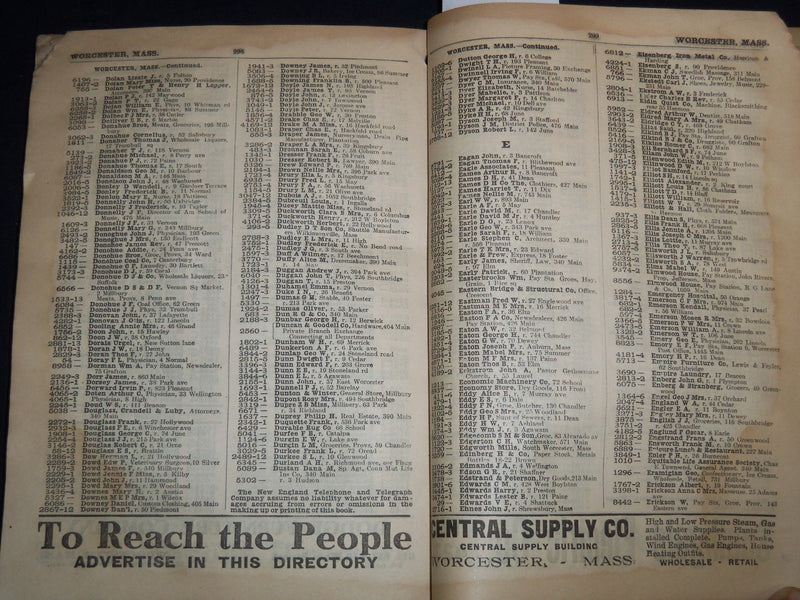 1908 NEW ENGLAND TELEPHONE & TELEGRAPH CO. SOUTH CENTRAL PHONE BOOK - J 8818