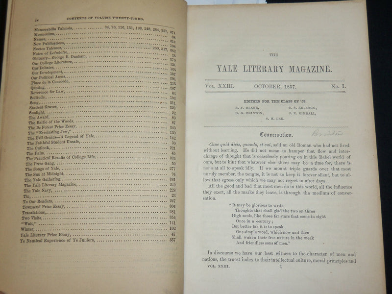 1857-1858 YALENSIA THE YALE LITERARY MAGAZINE BOUND VOLUME NO. 23 - KD 6042