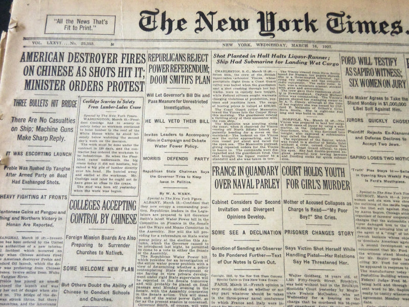 1927 MARCH 16 NEW YORK TIMES - AMERICAN DESTROYER FIRES ON CHINESE - NT 6398
