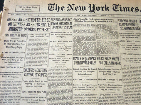 1927 MARCH 16 NEW YORK TIMES - AMERICAN DESTROYER FIRES ON CHINESE - NT 6398